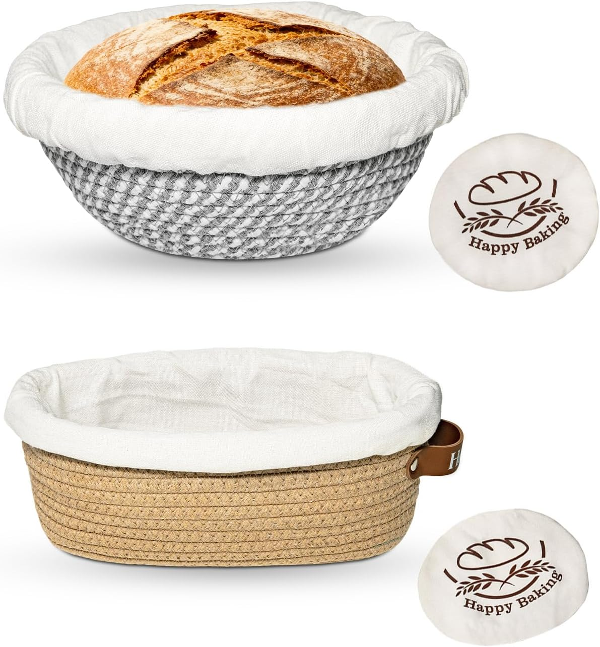 Sourdough Bread Proofing Basket Set - 9 inch Round & 10 inch Oval with Liners