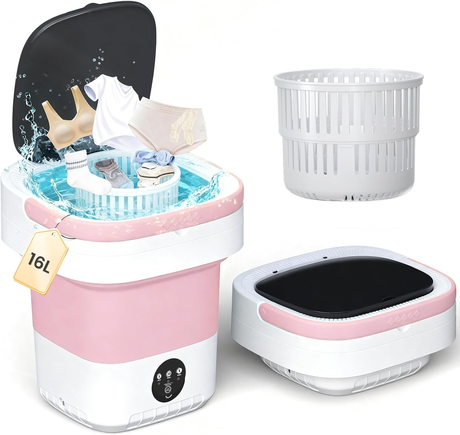 Portable Mini Washing Machine 16L Foldable Washer with Spin Basket