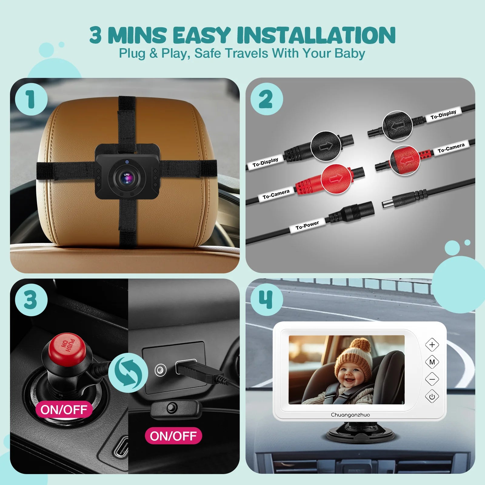 The S100P Baby Car Camera offers advanced Gen 2 night vision technology - White