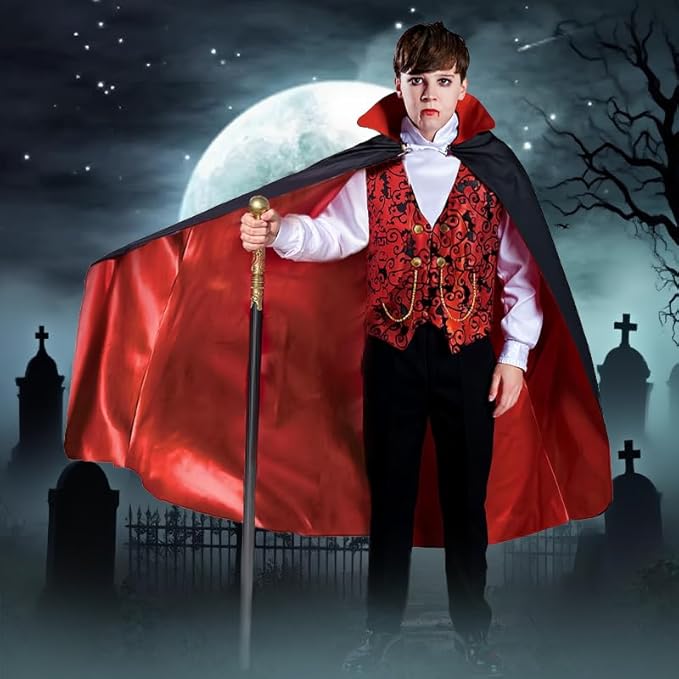 Vampire Costume Set, Halloween Party Vampire Cosplay Outfit with Cape, Shirt, Pants & Cane, kids dracula costume
