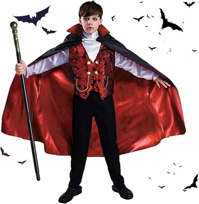 Vampire Costume Set, Halloween Party Vampire Cosplay Outfit with Cape, Shirt, Pants & Cane, kids dracula costume