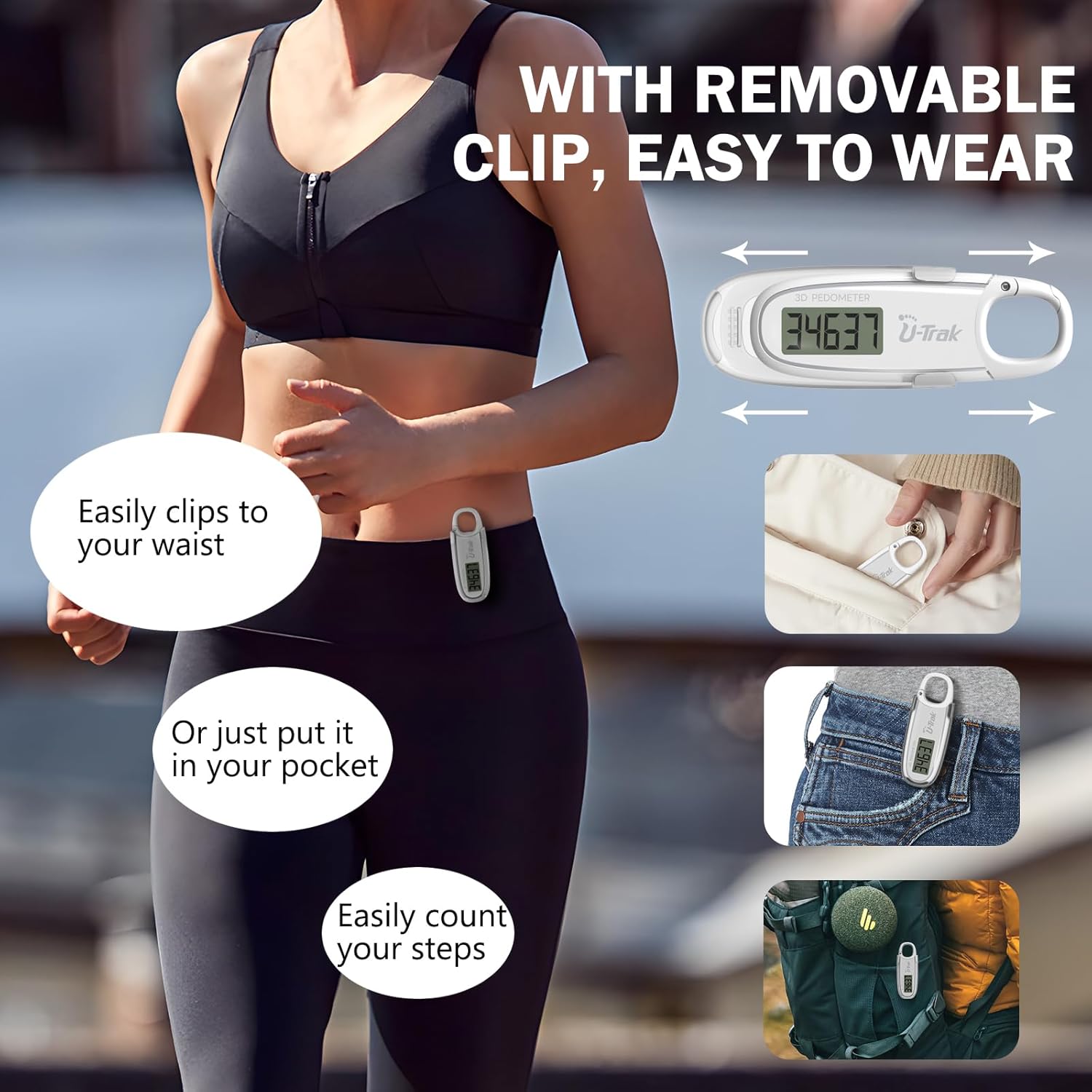 U-Trak Store 3D pedometer offers precise step tracking with an advanced motion sensor