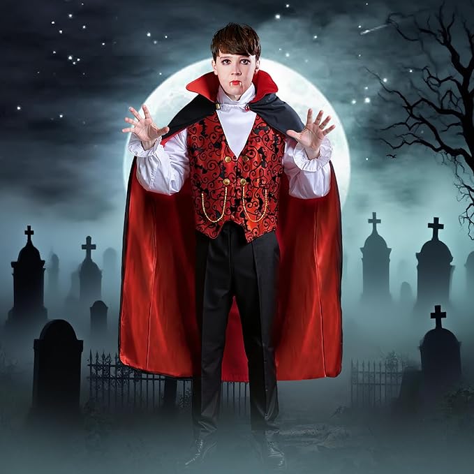 Vampire Costume Set, Halloween Party Vampire Cosplay Outfit with Cape, Shirt, Pants & Cane, kids dracula costume