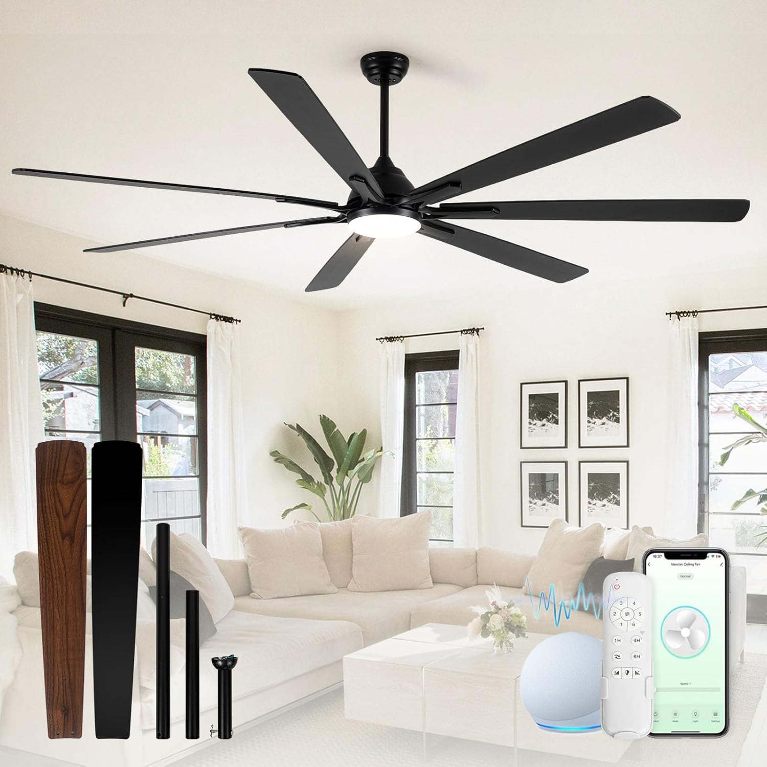 Farmhouse Style 84" Smart Ceiling Fan with Lights, Remote, Alexa Black