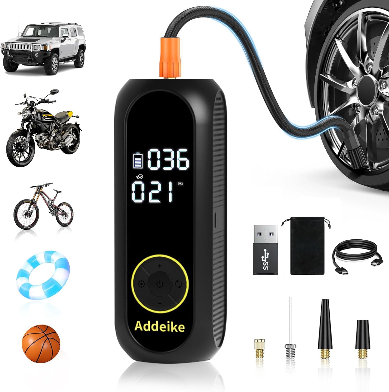 Addeike Tire Inflator Portable Air Compressor,150PSI Portable Air Pump for Car Tires with Digital Tire Pressure Gauge