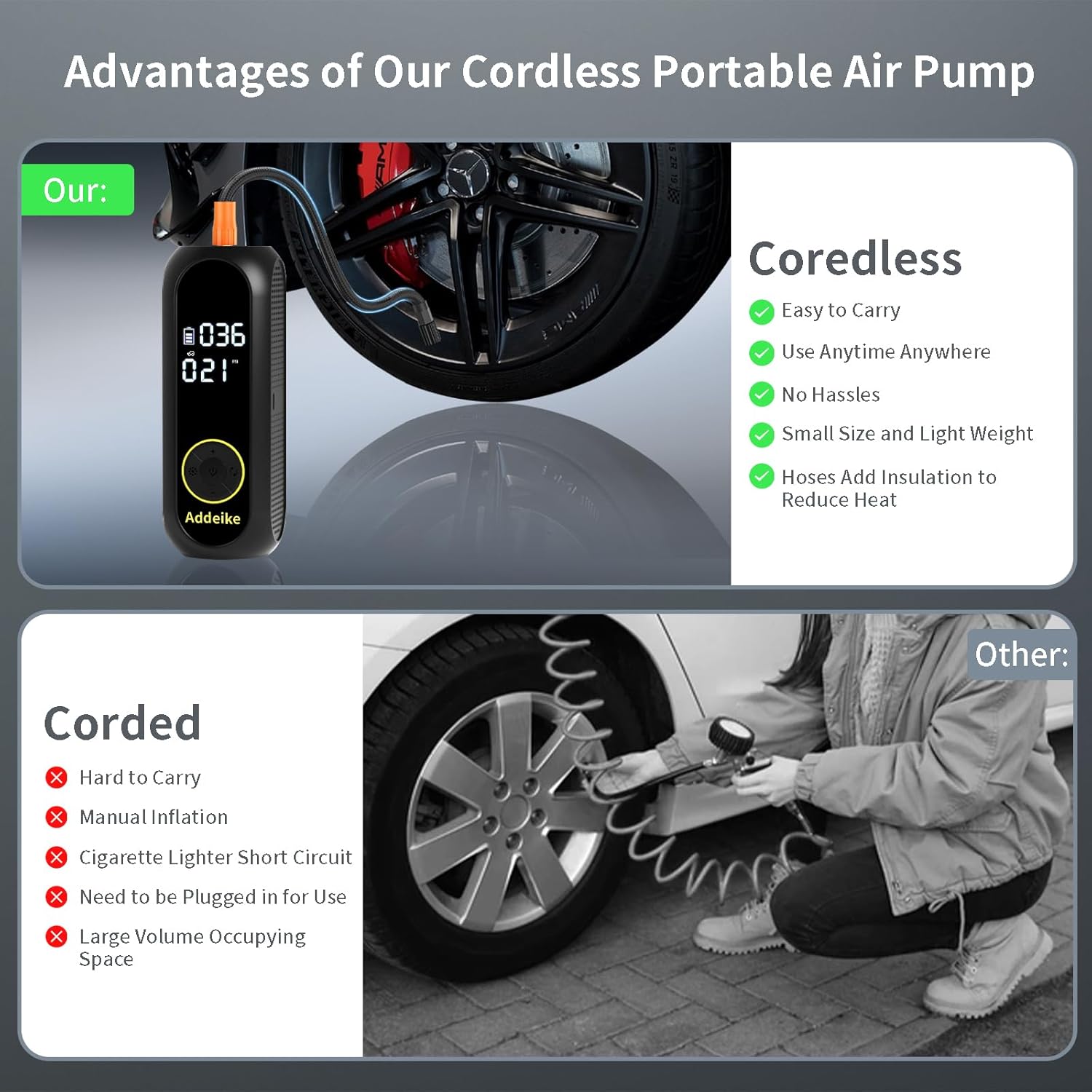 Addeike Tire Inflator Portable Air Compressor,150PSI Portable Air Pump for Car Tires with Digital Tire Pressure Gauge