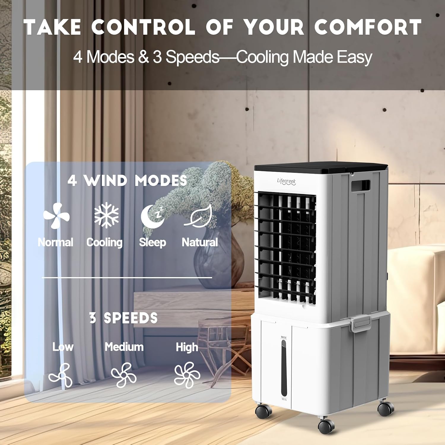 The Lifecreek ID-AC2501 Air Cooler is a portable, windowless evaporative coole