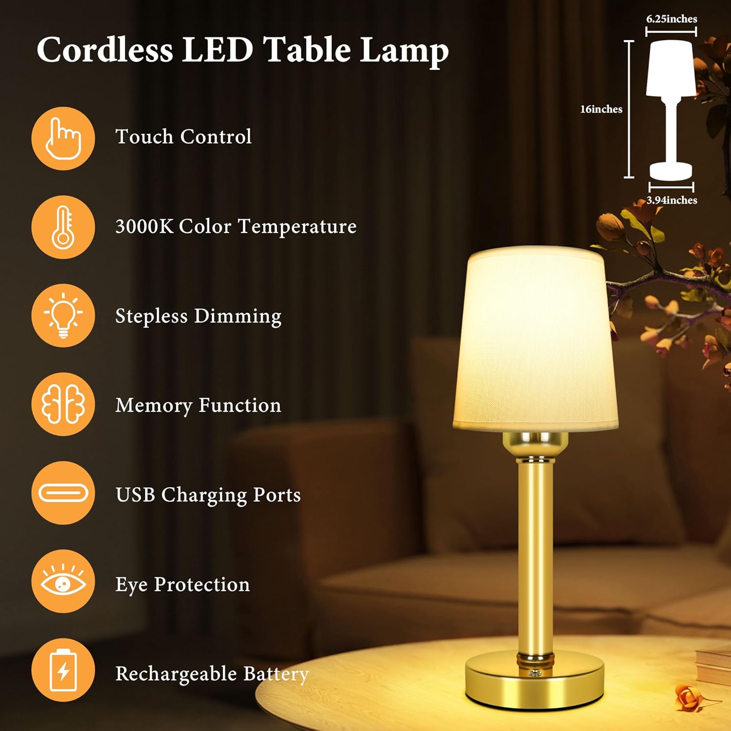 Yurnero Cordless Table Lamp - Rechargeable Battery Operated Nightstand Light with Stepless Dimming