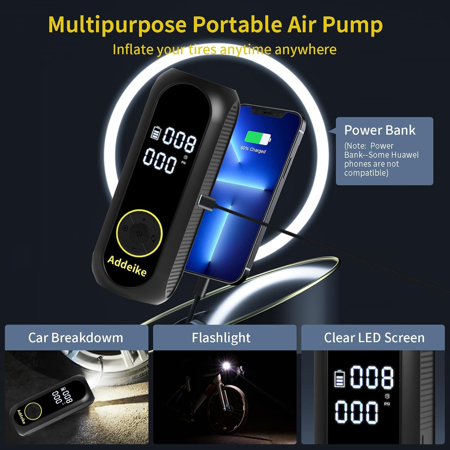 Addeike Tire Inflator Portable Air Compressor,150PSI Portable Air Pump for Car Tires with Digital Tire Pressure Gauge