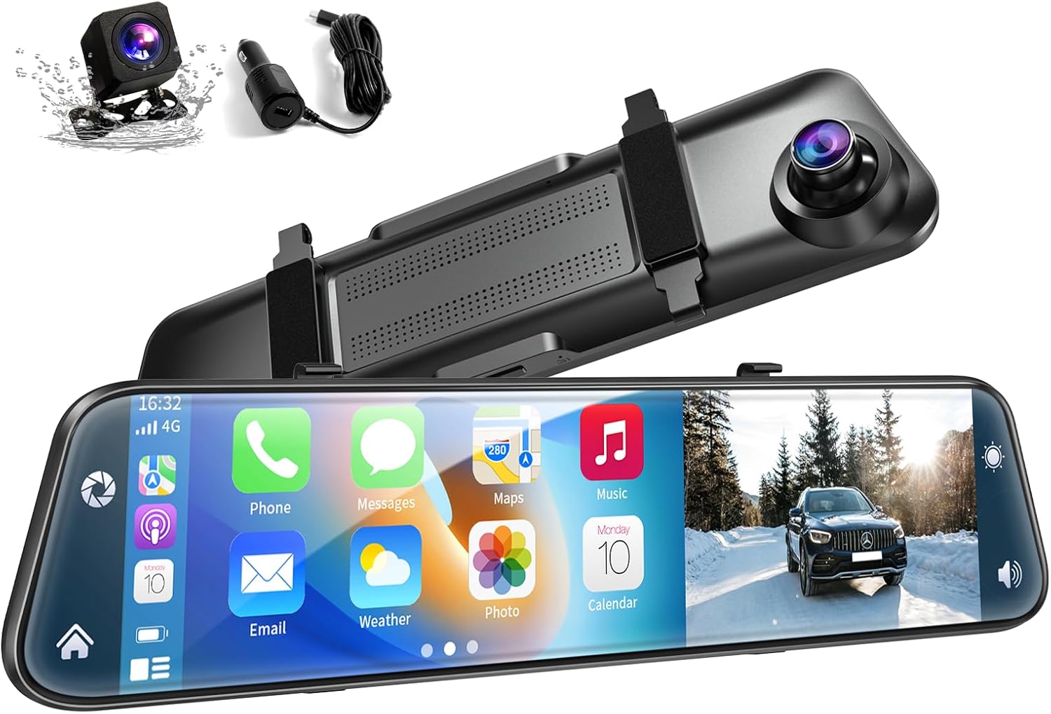 4K Mirror Dash Cam Front and Rear with Carplay&Android Auto, 12'' Rear