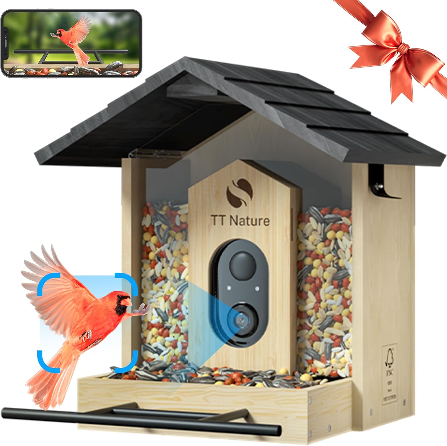 TT Nature Bird Feeder with Camera, Upgraded 1.5L Smart Bird Feeder with AI Identify for 10000+ Bird Species,
