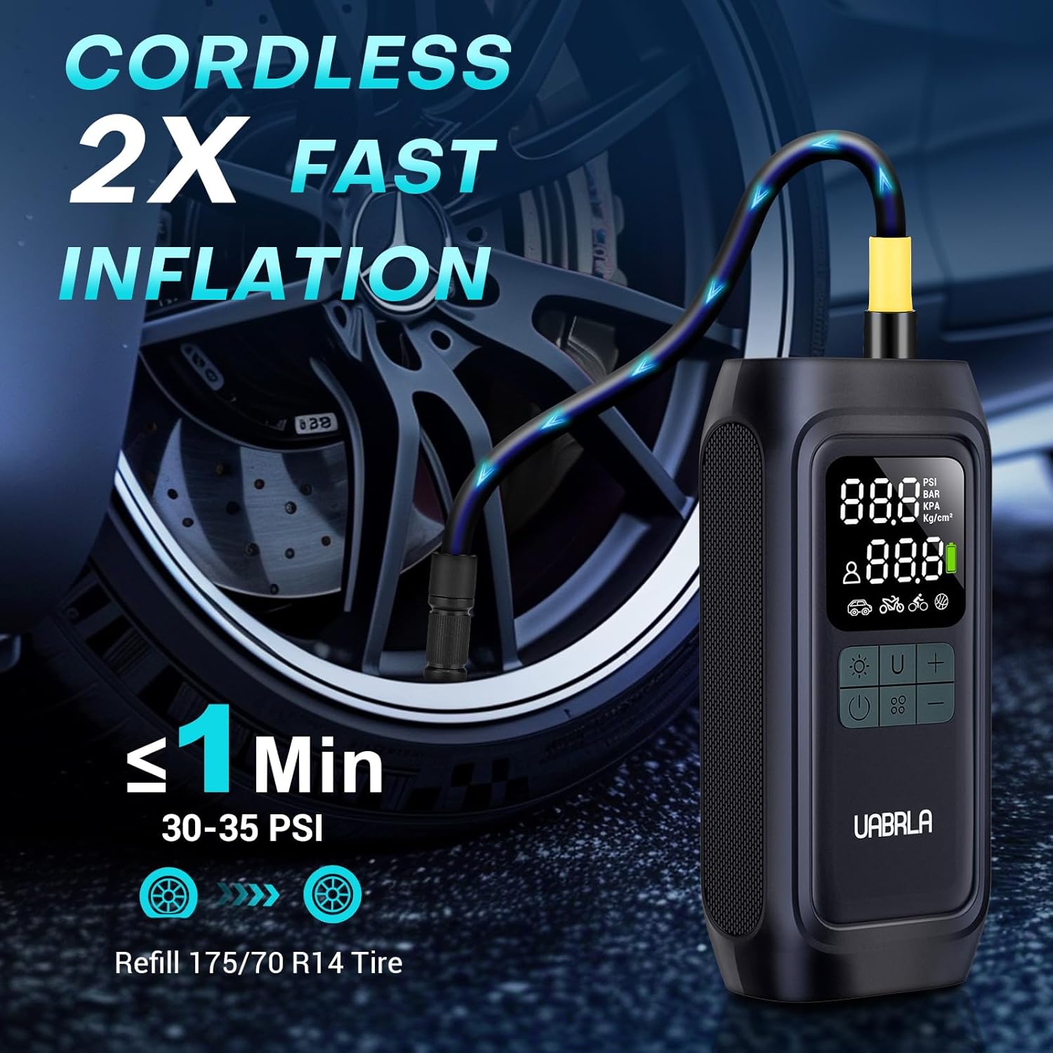 UABRLA Tire Inflator Portable Air Compressor, 20000mAh & 2X Faster Inflation Electric Air Pump for Car Tires, Cordless Auto-Off Bike Tire Pum