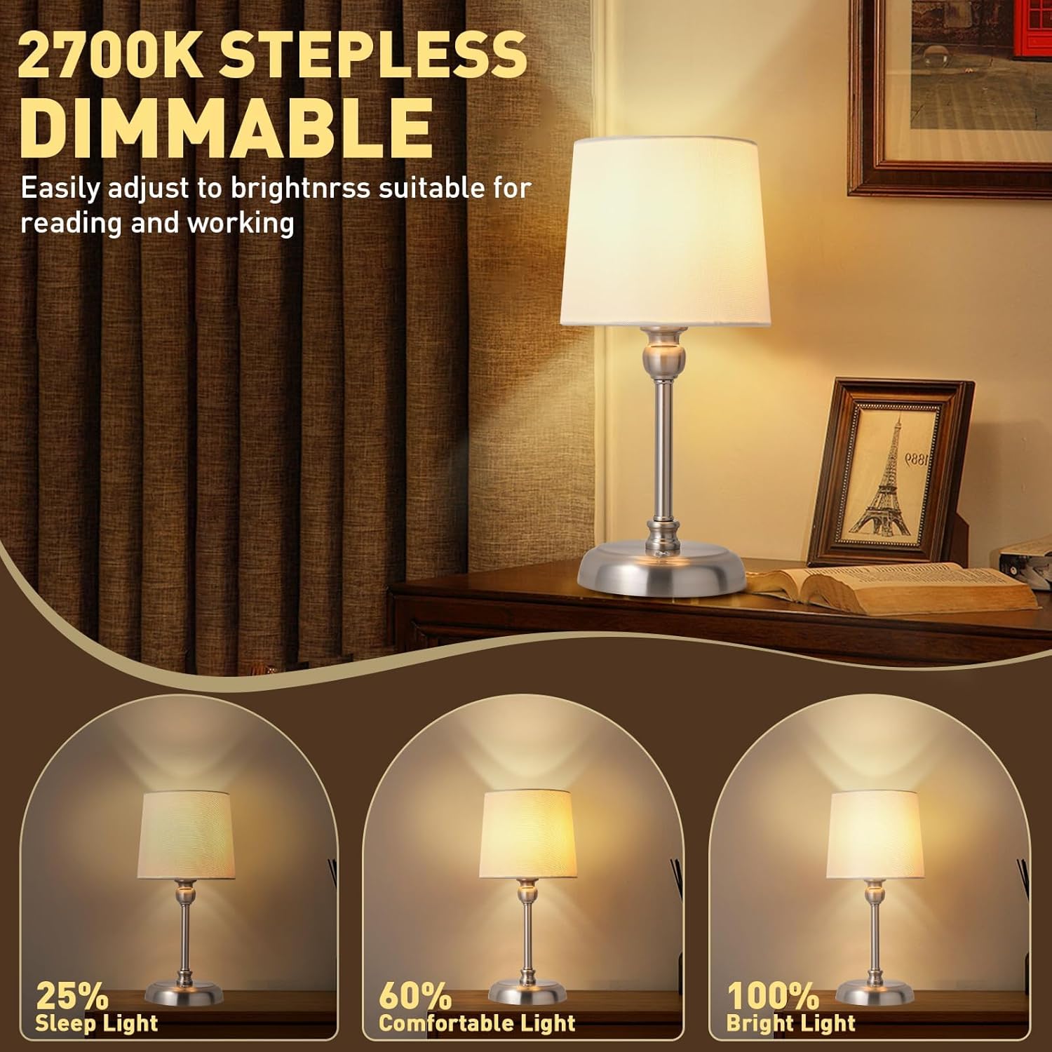 Cordless rechargeable table lamp features a powerful 6000mAh battery,