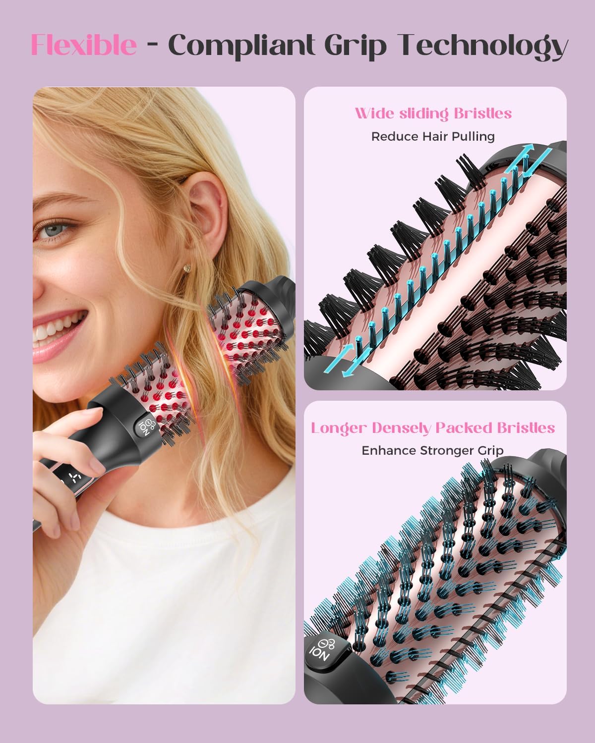 Infrared Bounce Brush, Heated Thermal Round Brush with 5 Heat Settings & LED Display, 1.5 Inch lonic for Hair Straightener & Curling Wand
