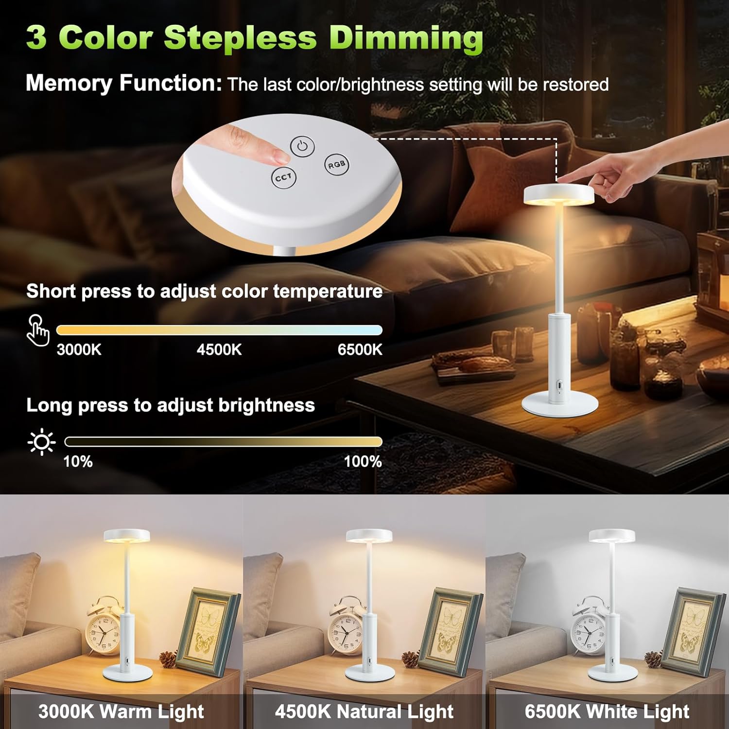 Ascher Cordless Table Lamp, 3 Color Temperatures, 7 RGB Colors
