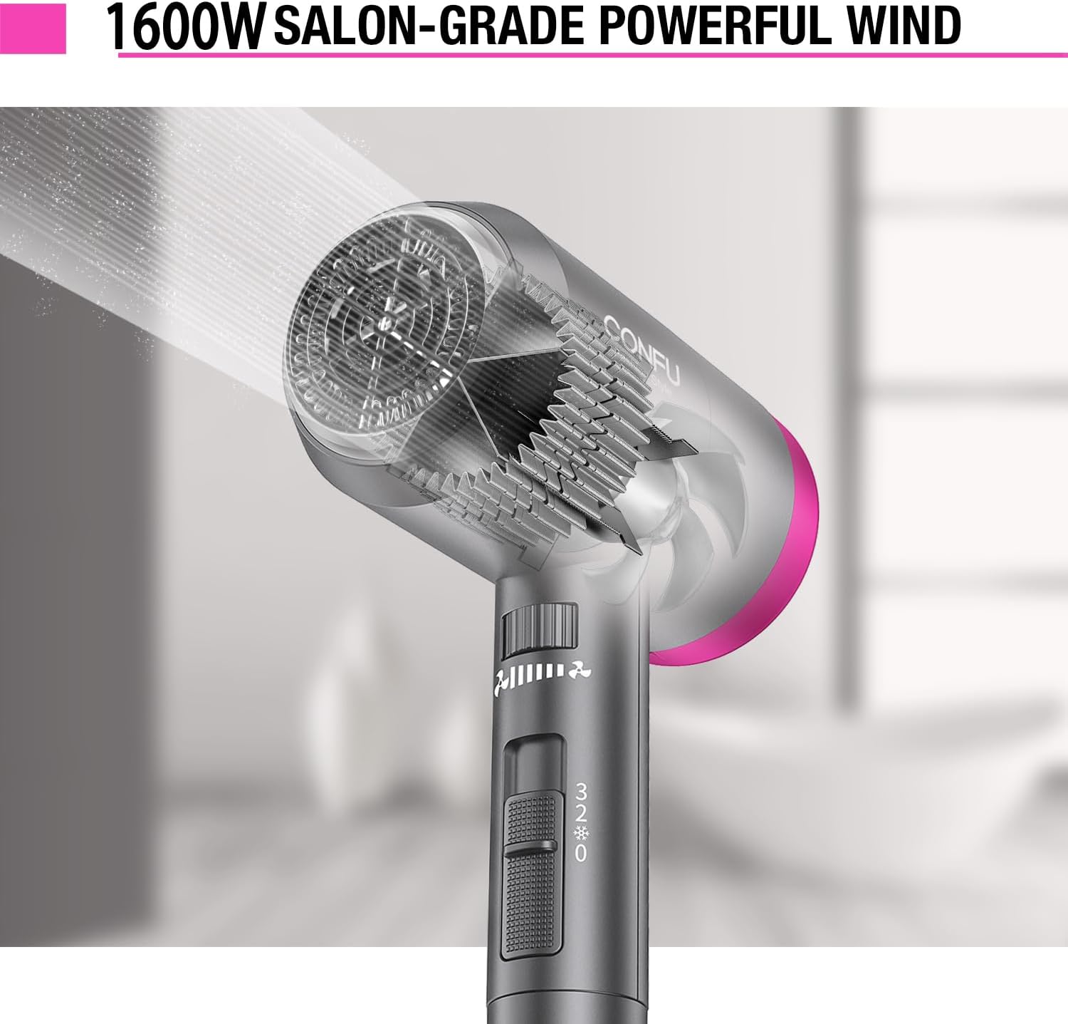 CONFU Ionic Blow Dryer 1600W, Portable Lightweight Fast Drying Negative Ion Hairdryer Blowdryer, 3 Heat Settings & Infinity Speed, with Diffuser