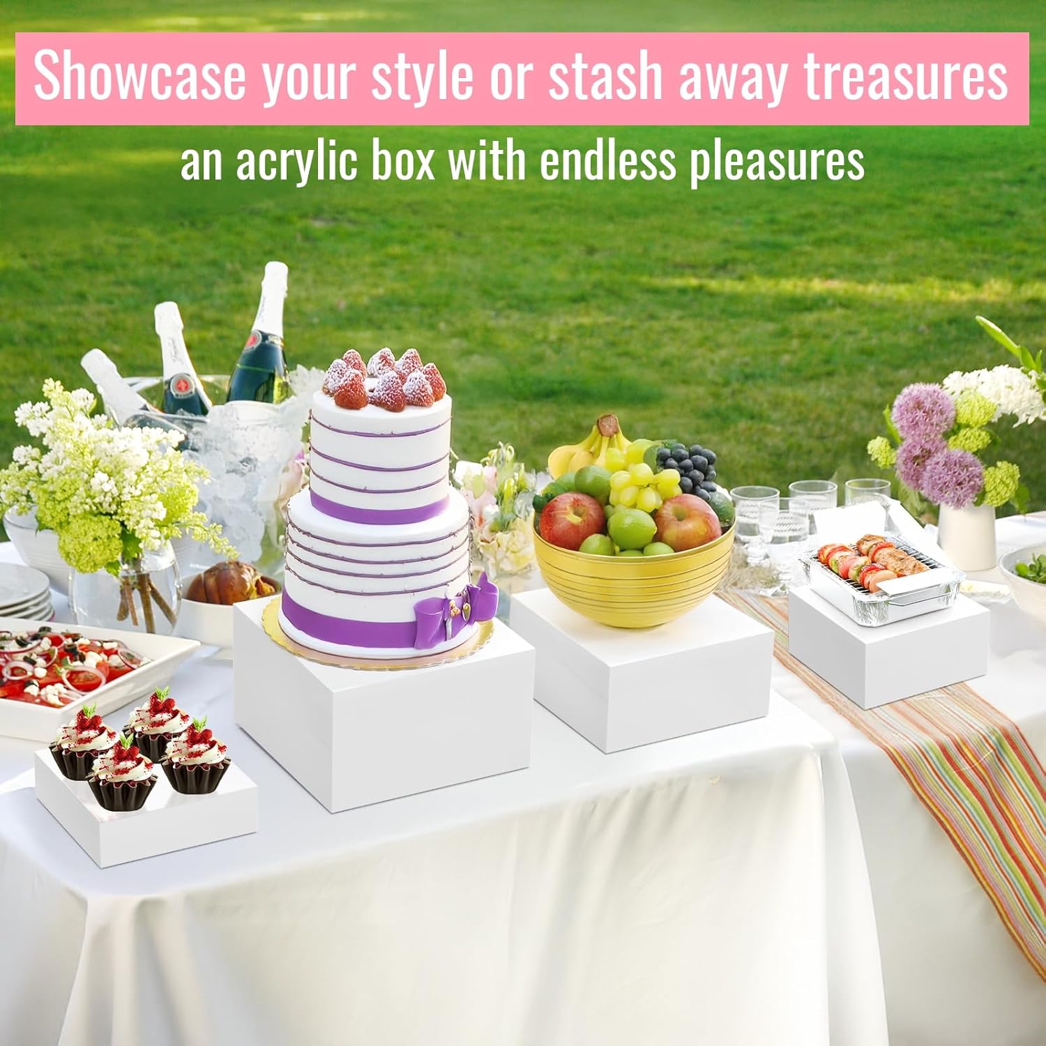 3 Piece Buffet Riser Set -Deserts Large White Acrylic Cube Display Boxes for Catering