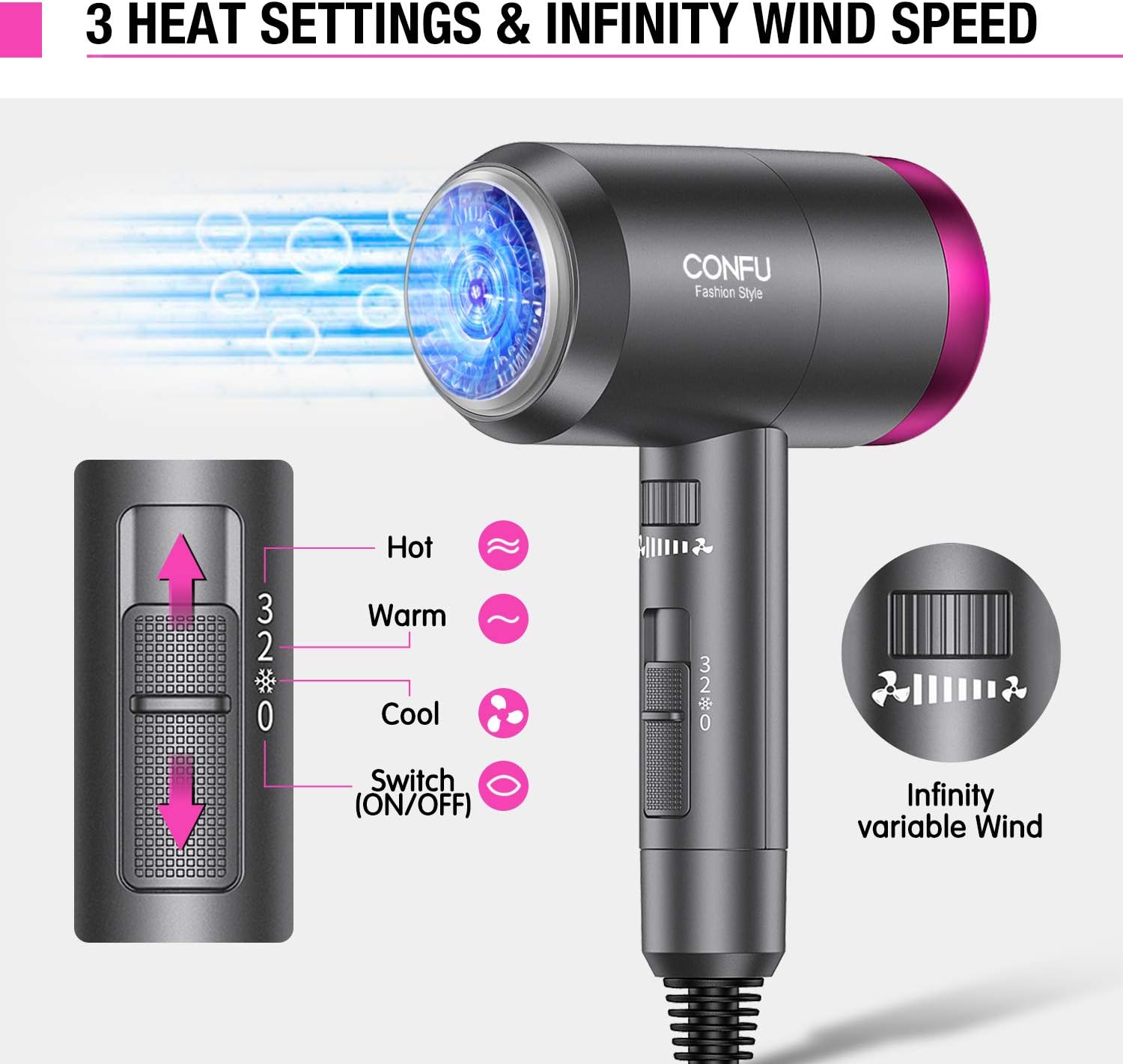 CONFU Ionic Blow Dryer 1600W, Portable Lightweight Fast Drying Negative Ion Hairdryer Blowdryer, 3 Heat Settings & Infinity Speed, with Diffuser