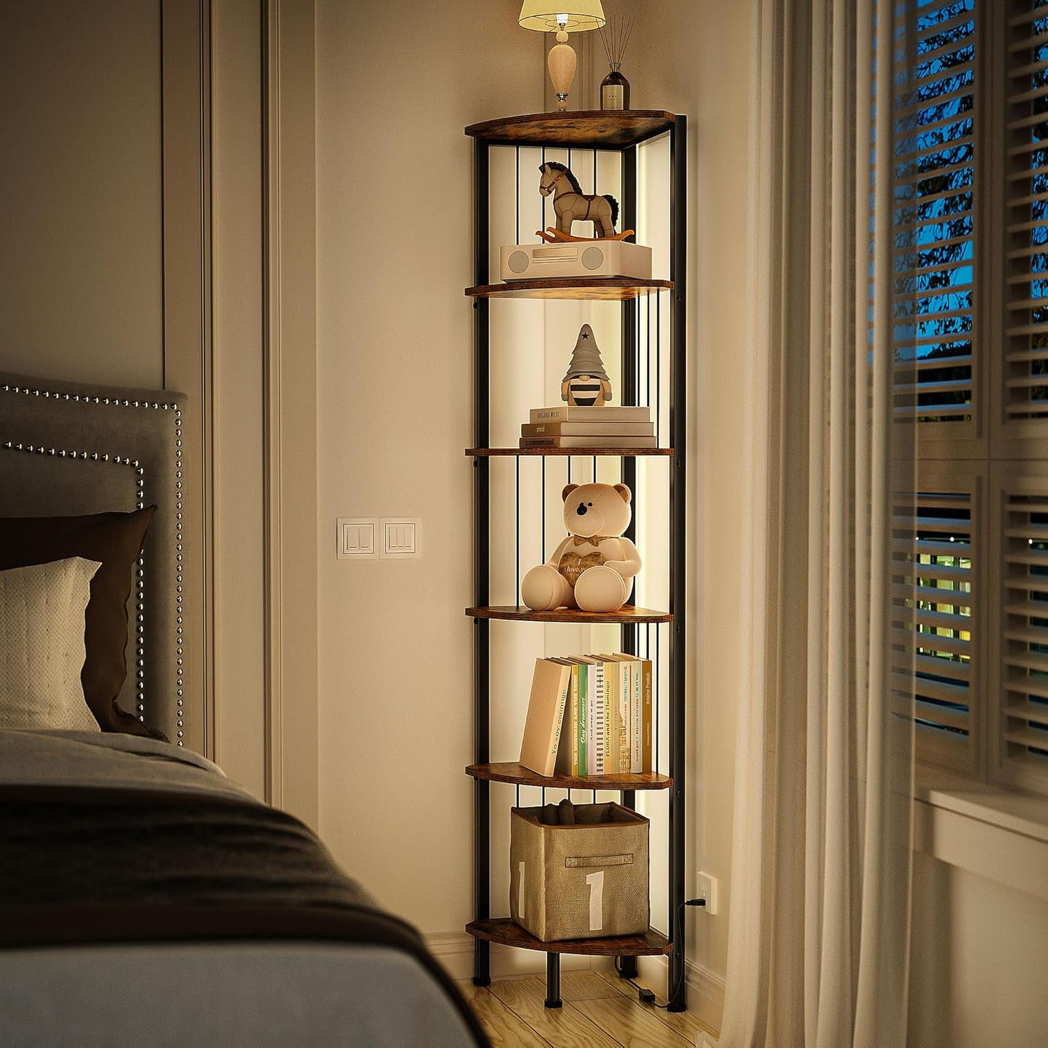 MonaSixy 6 Tier Corner Shelf with Light, Brown