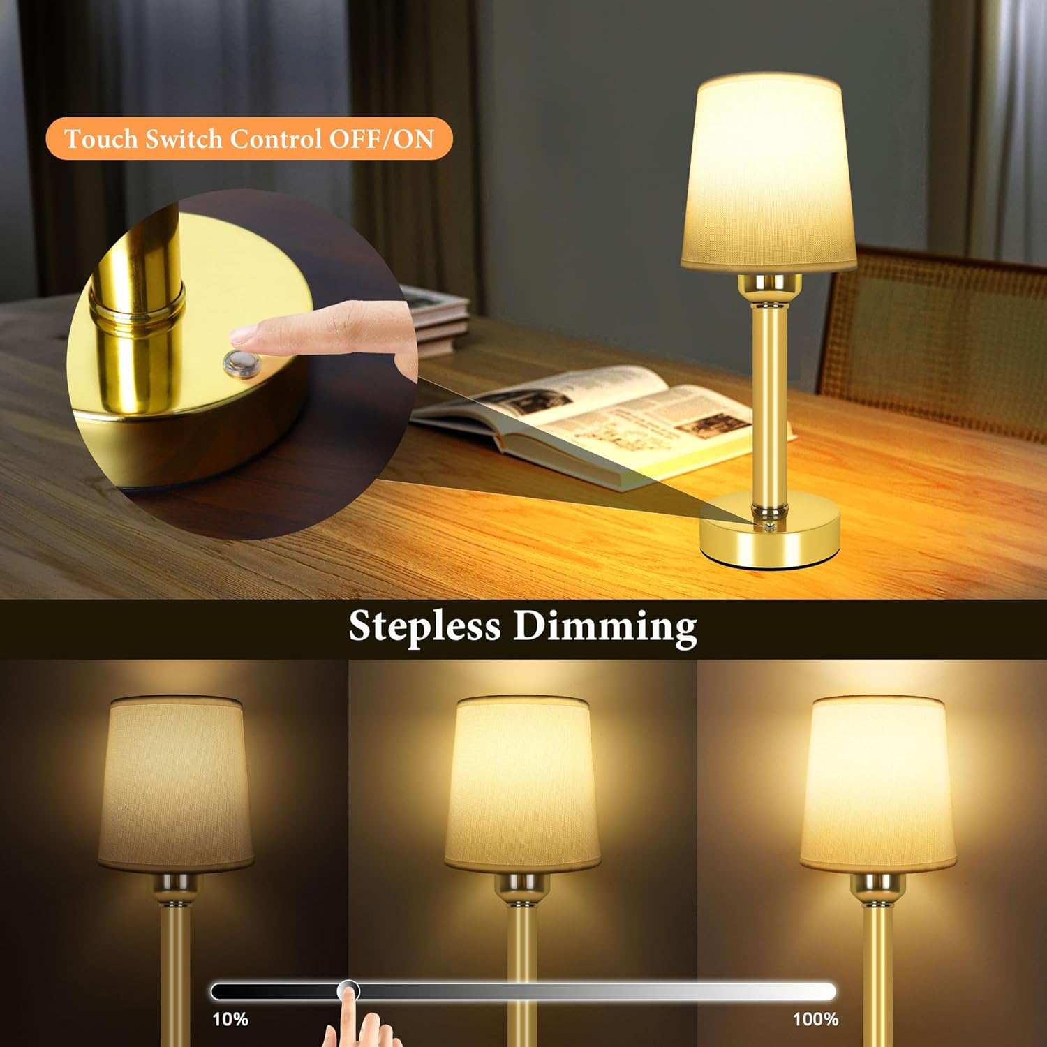 Yurnero Cordless Table Lamp - Rechargeable Battery Operated Nightstand Light with Stepless Dimming