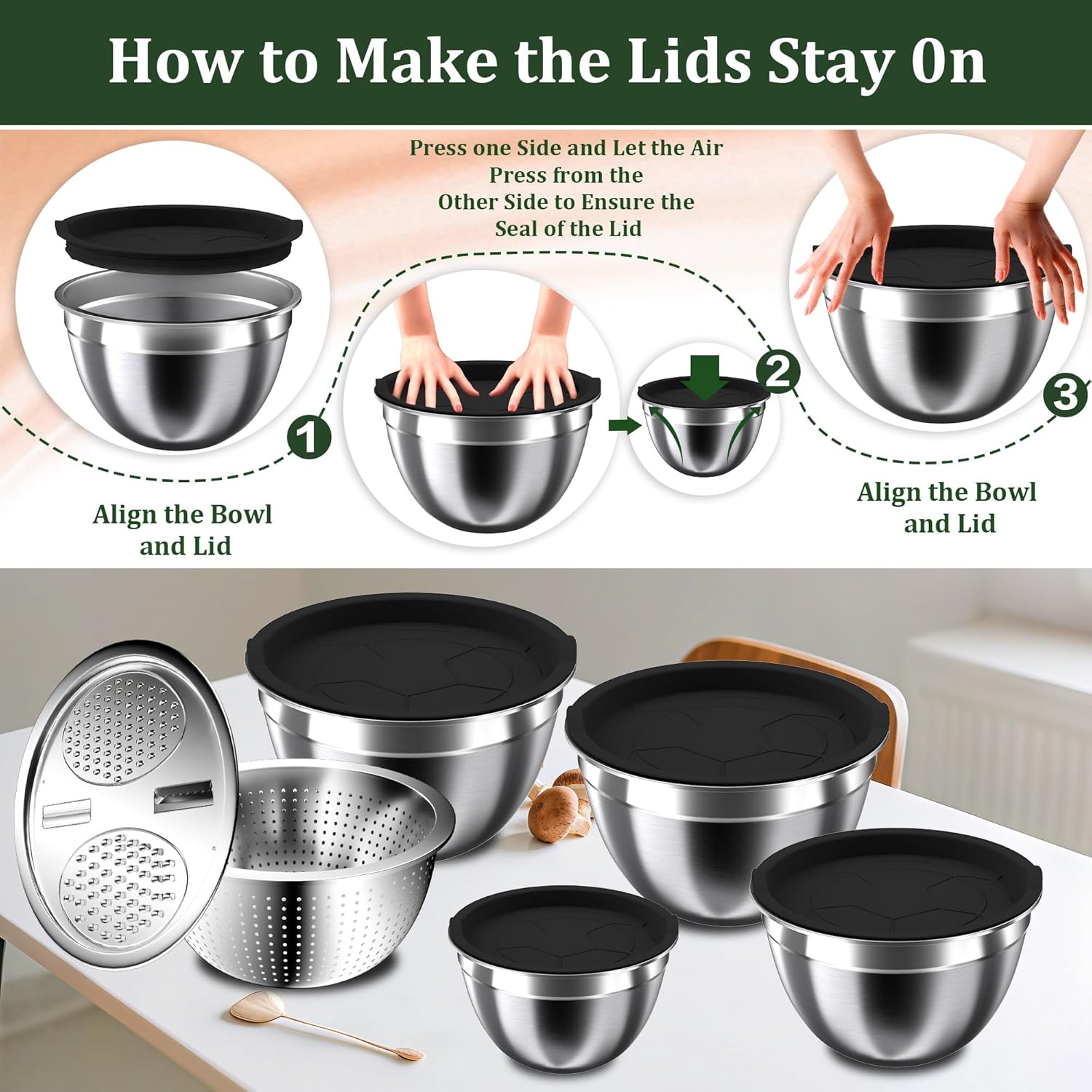 Nicdiet 5 set mixing bowl beige lids Mixing Bowls with Lids Set, Stainless Steel Mixing Bowls,Nesting Storage