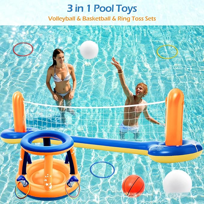 * Jasonwell Pool Toys Games Set - 3 in 1 Pool Volleyball Net Basketball Hoop Ring Toss