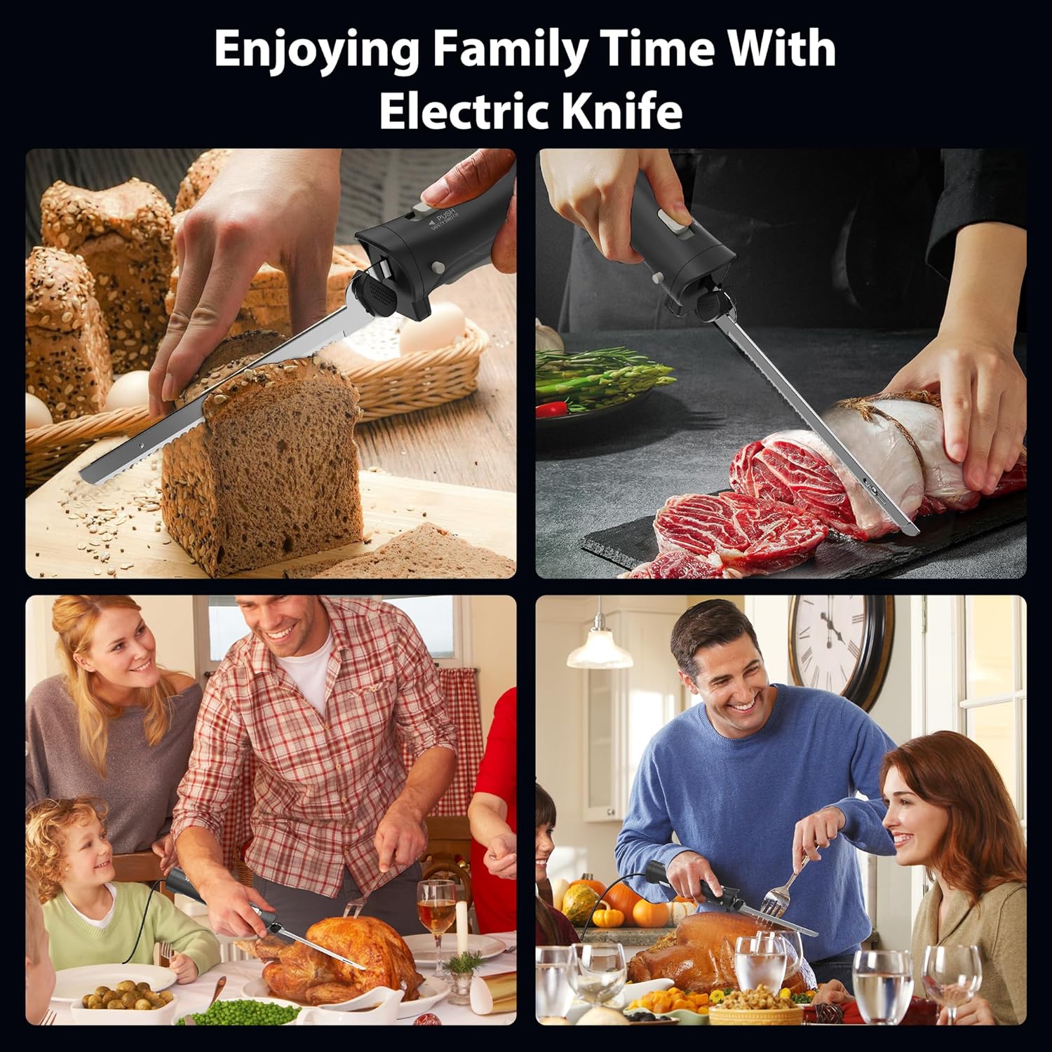 Electric Knife for Meat Slicing - 4 Stainless Steel Blades | Bread & Cheese Cutter