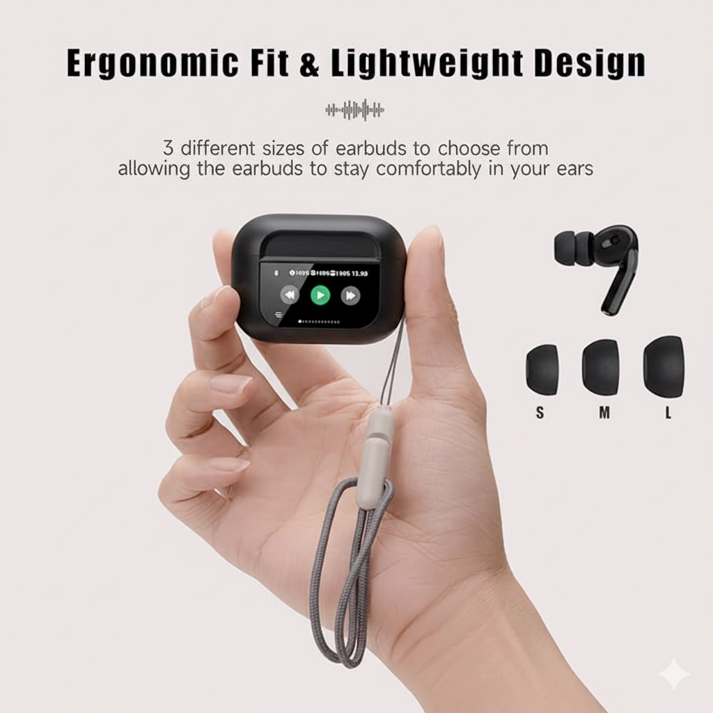 Wireless Bluetooth 5.4 Headset - ANC/ENC Noise Cancelling Earbuds with Digital Display - Black