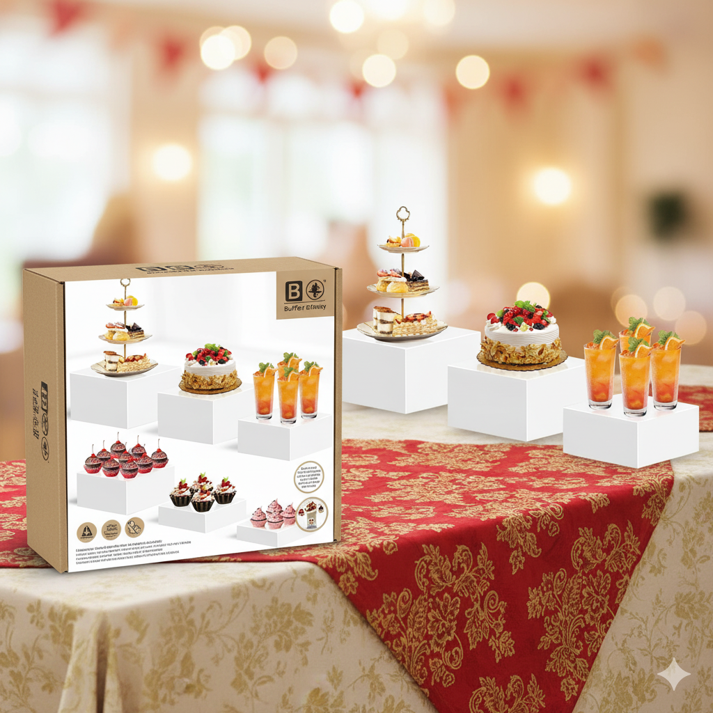 3 Piece Buffet Riser Set -Deserts Large White Acrylic Cube Display Boxes for Catering