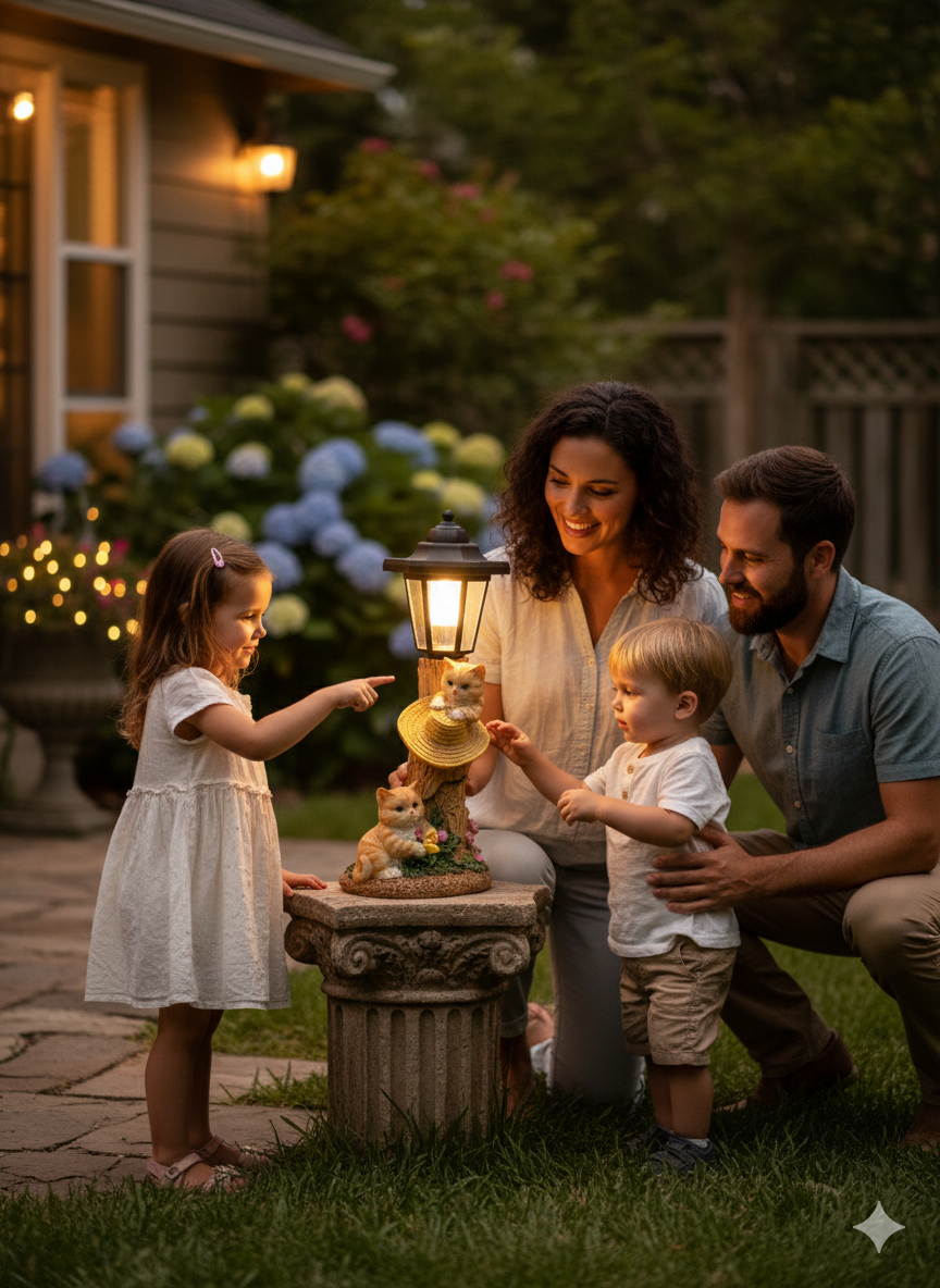 Solar Outdoor Garden Sculpture Cuddly Cats - Weather Resistant Statue