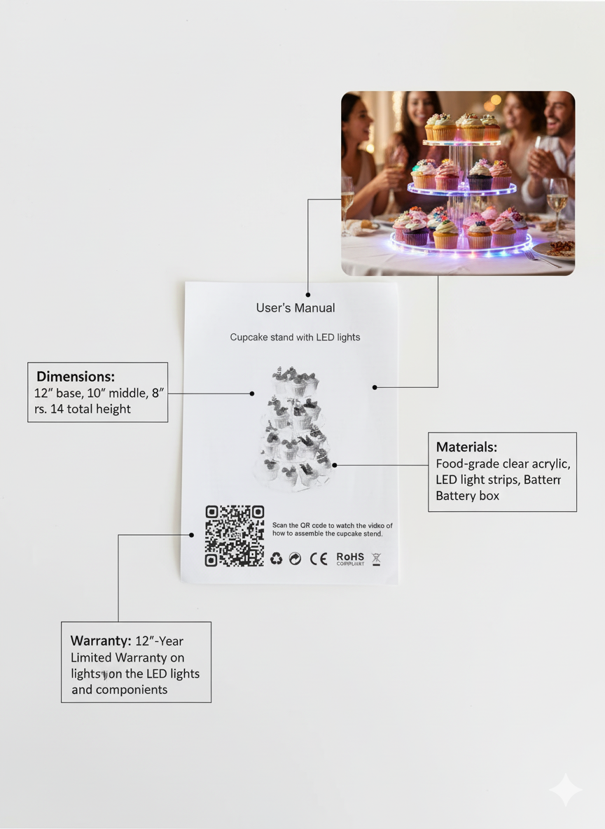 Elegant 4-tier acrylic cupcake stand with LED Lights perfect for weddings, parties, and events.
