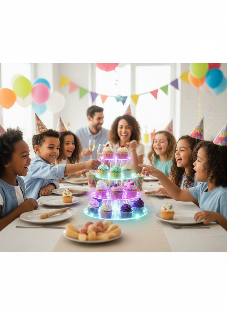Elegant 4-tier acrylic cupcake stand with LED Lights perfect for weddings, parties, and events.