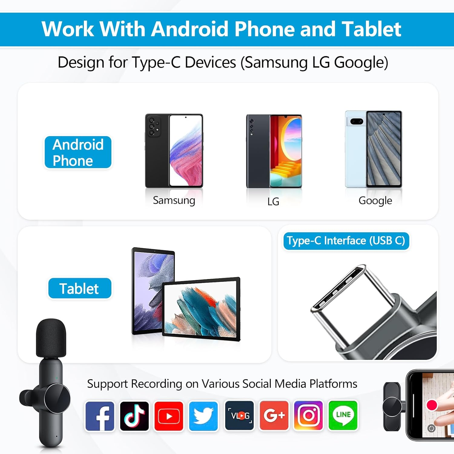 RICCHI Wireless USB-C Microphones - 2 Pack Mini Lavalier Mics for iPhone 15-16 & Android