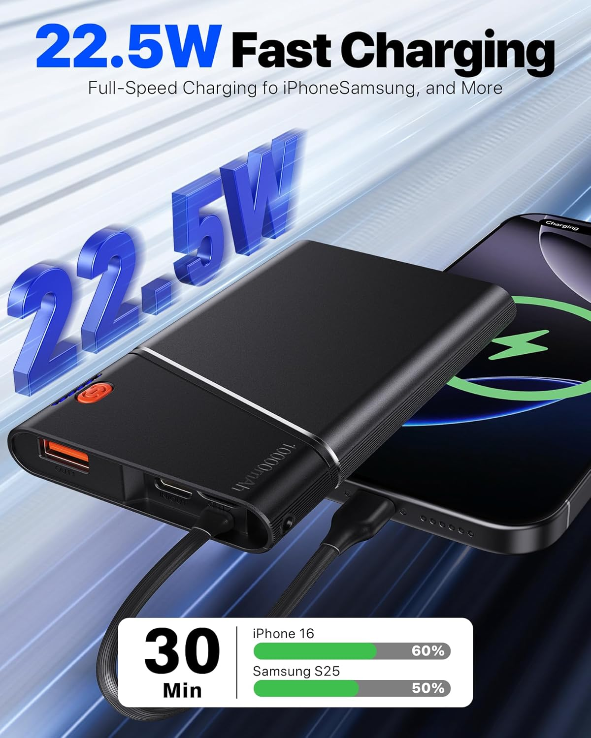 Aaoyun 5000mAh Portable Charger - 22.5W Fast Charging Power Bank with USB-C Cable