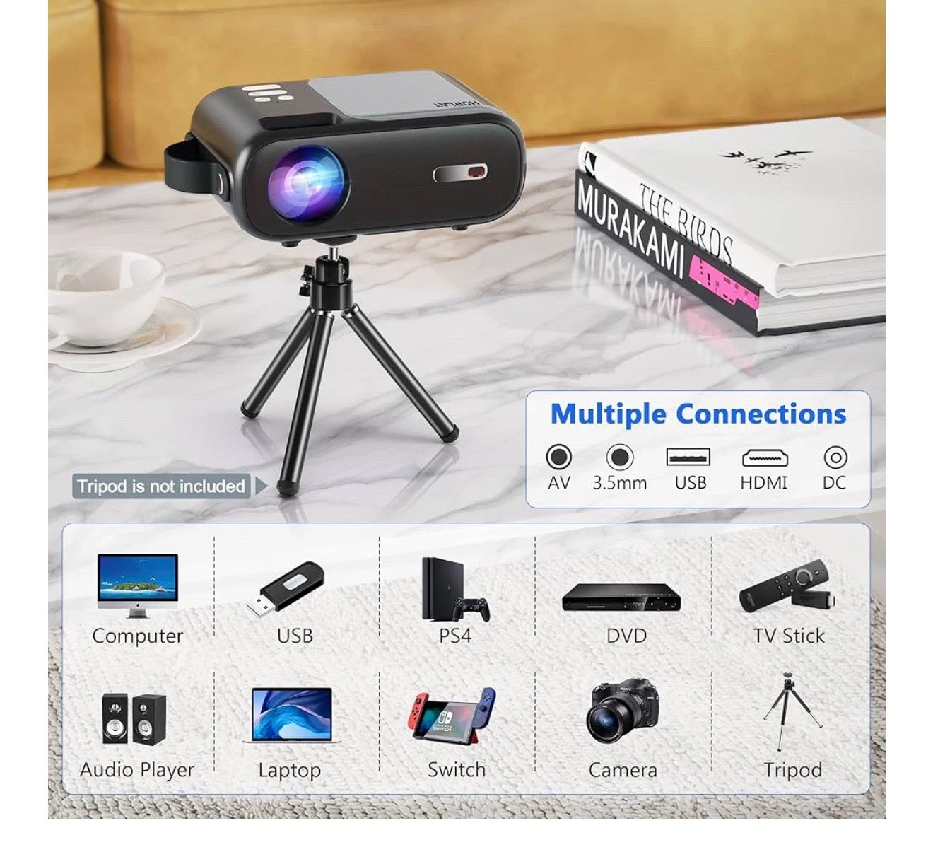 HORLAT Mini Projector – 5G WiFi + Bluetooth, 9000L Brightness, HD Home Theater