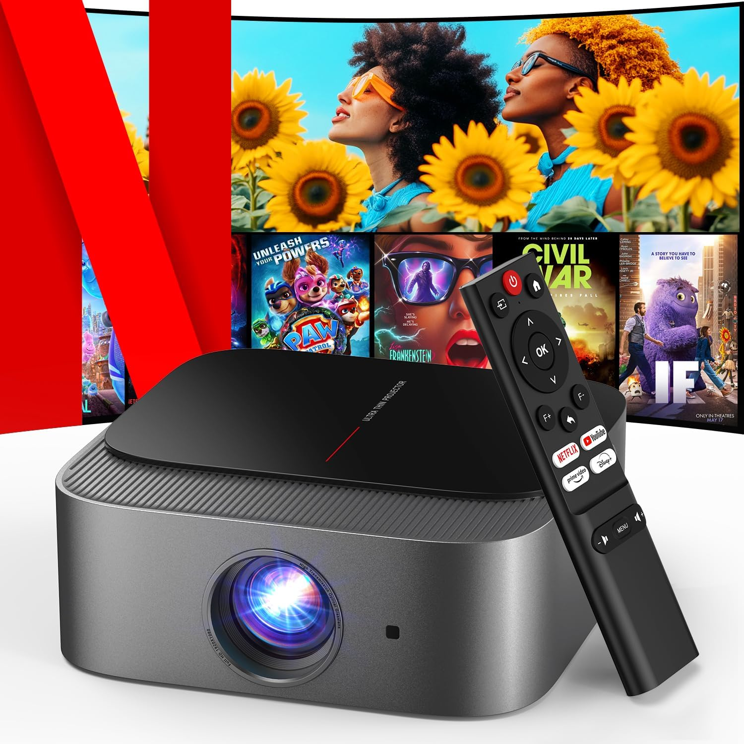 DBPOWER E2 Mini Smart Projector – 2025 Netflix Licensed + 386+ Built-In Apps + WiFi; Bluetooth