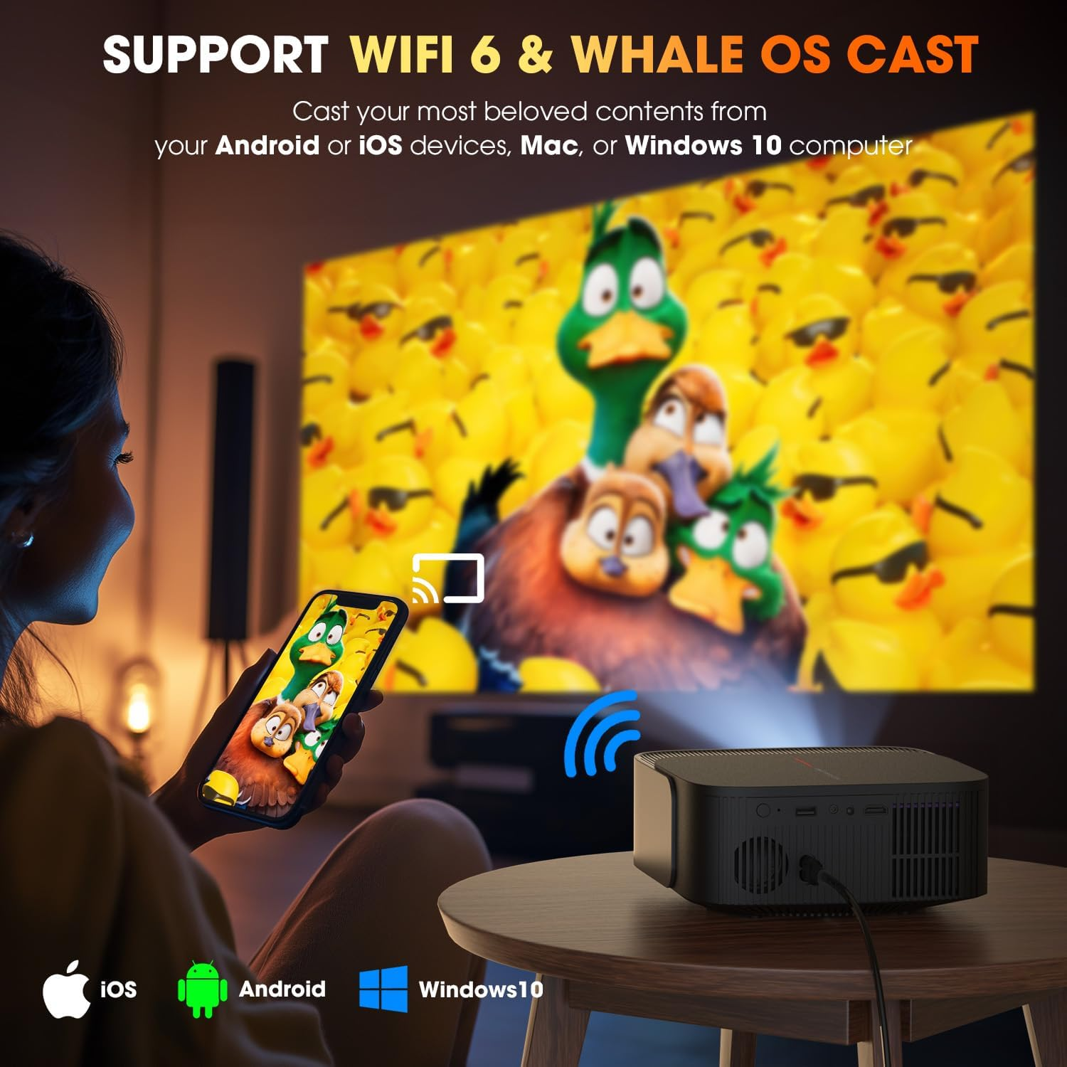 DBPOWER E2 Mini Smart Projector – 2025 Netflix Licensed + 386+ Built-In Apps + WiFi; Bluetooth