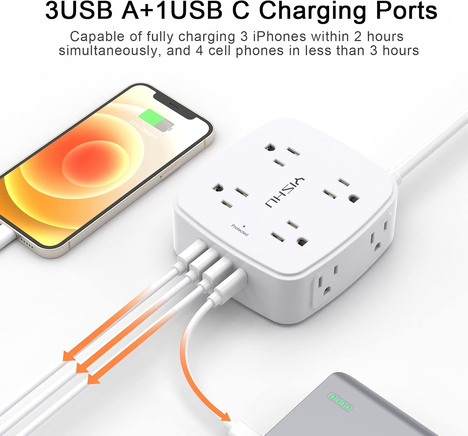 YISHU 6 Ft Surge Protector Power Strip – 3-Sided Outlet Extender with USB Charging