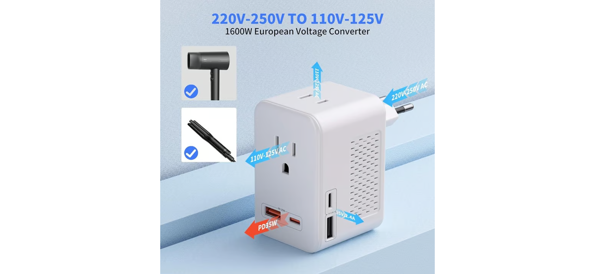 6-in-1 Travel Voltage Converter 220V to 110V - 35W PD European Adapter