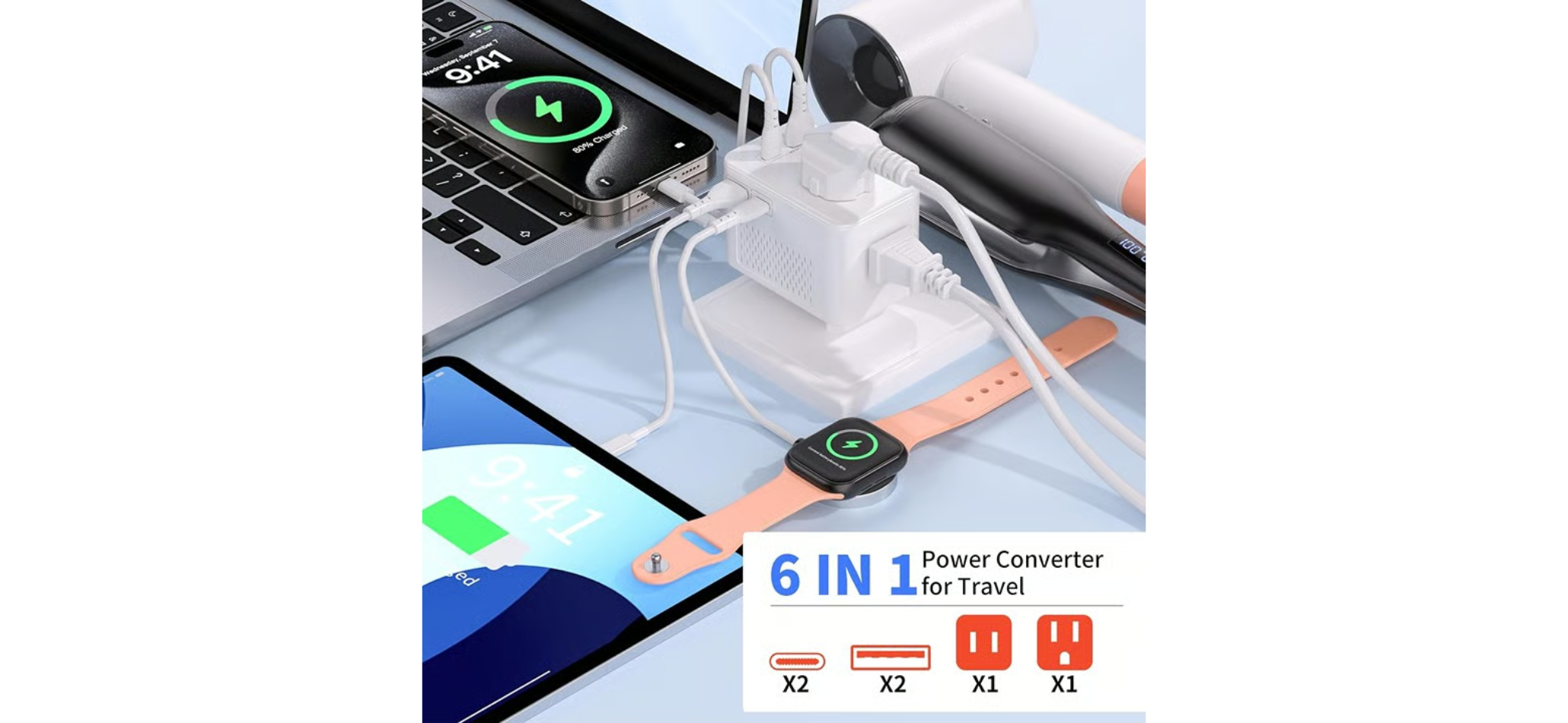 6-in-1 Travel Voltage Converter 220V to 110V - 35W PD European Adapter