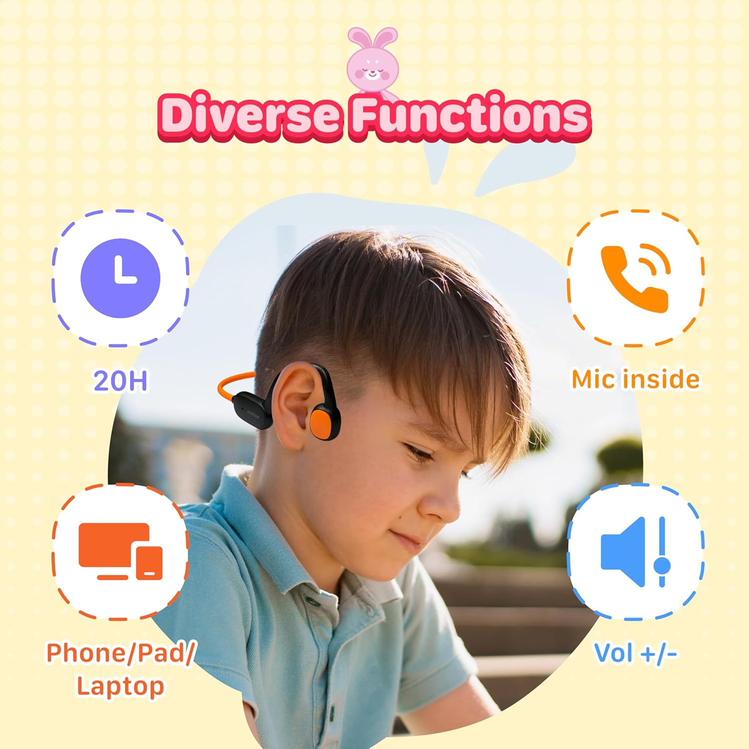 Justalk Kids Bluetooth Headphones - Safe Open-Ear Wireless Earbuds for Children