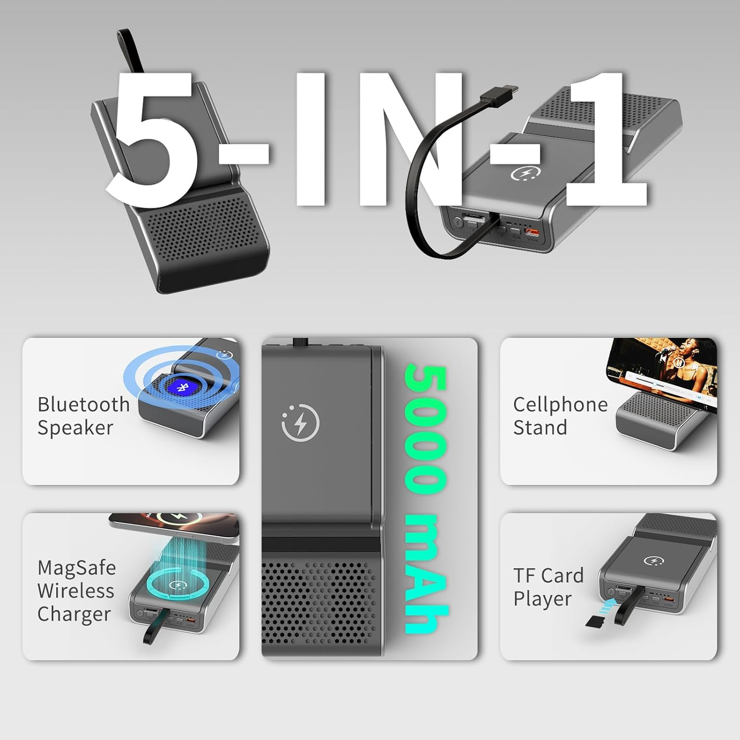 5000mAh Magnetic Power Bank with Speaker - Wireless Charger & Phone Stand