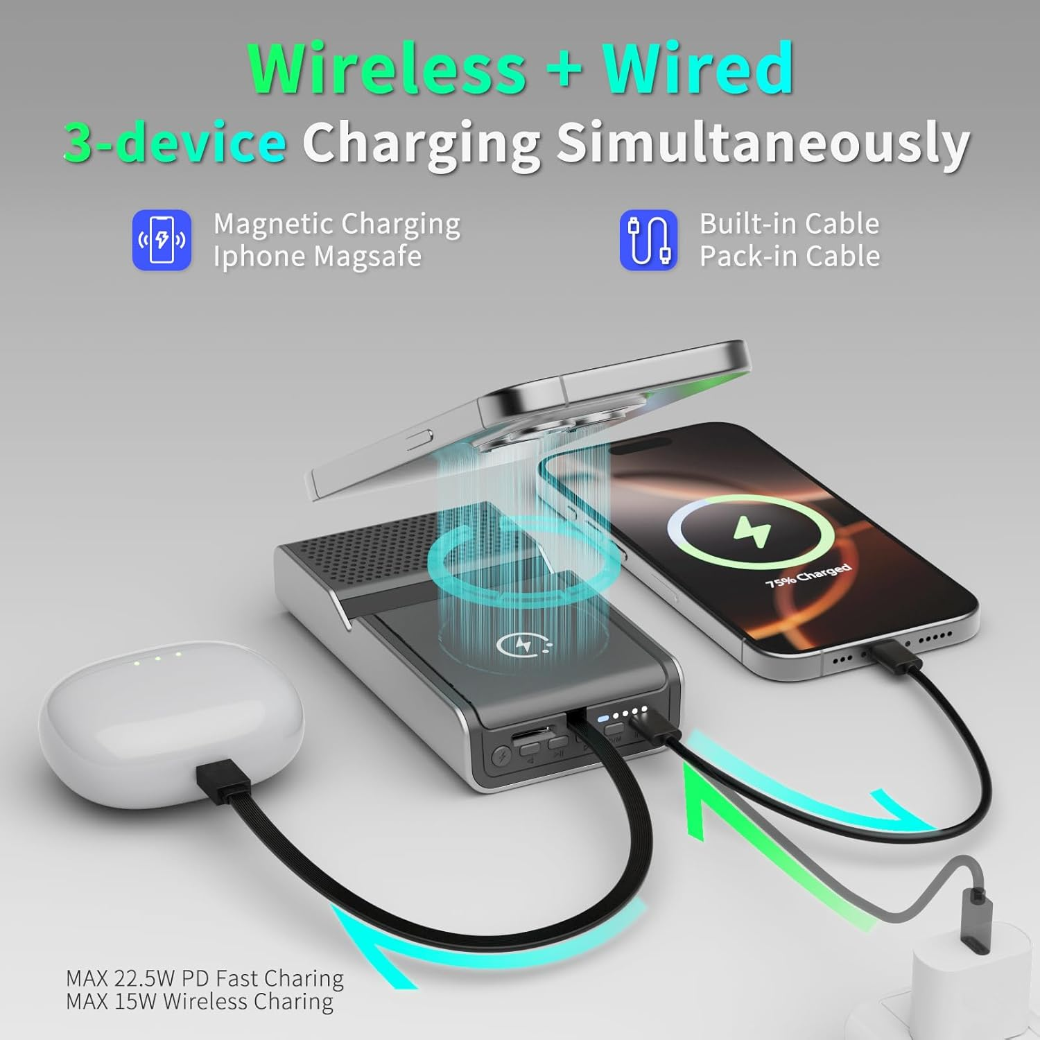5000mAh Magnetic Power Bank with Speaker - Wireless Charger & Phone Stand