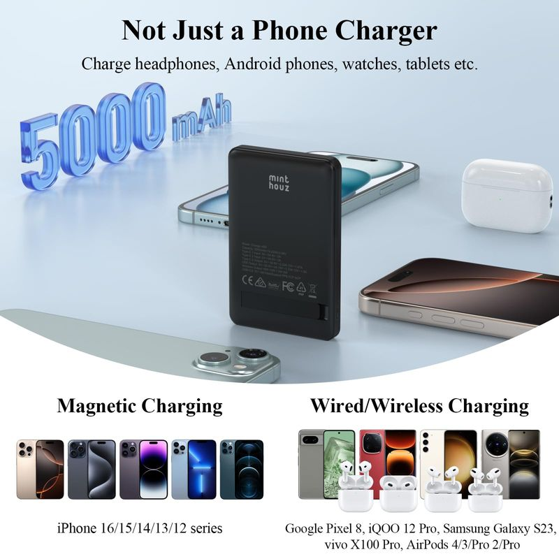 5000mAh Magnetic Power Bank with Foldable Stand - 20W USB-C & 15W Wireless Charging