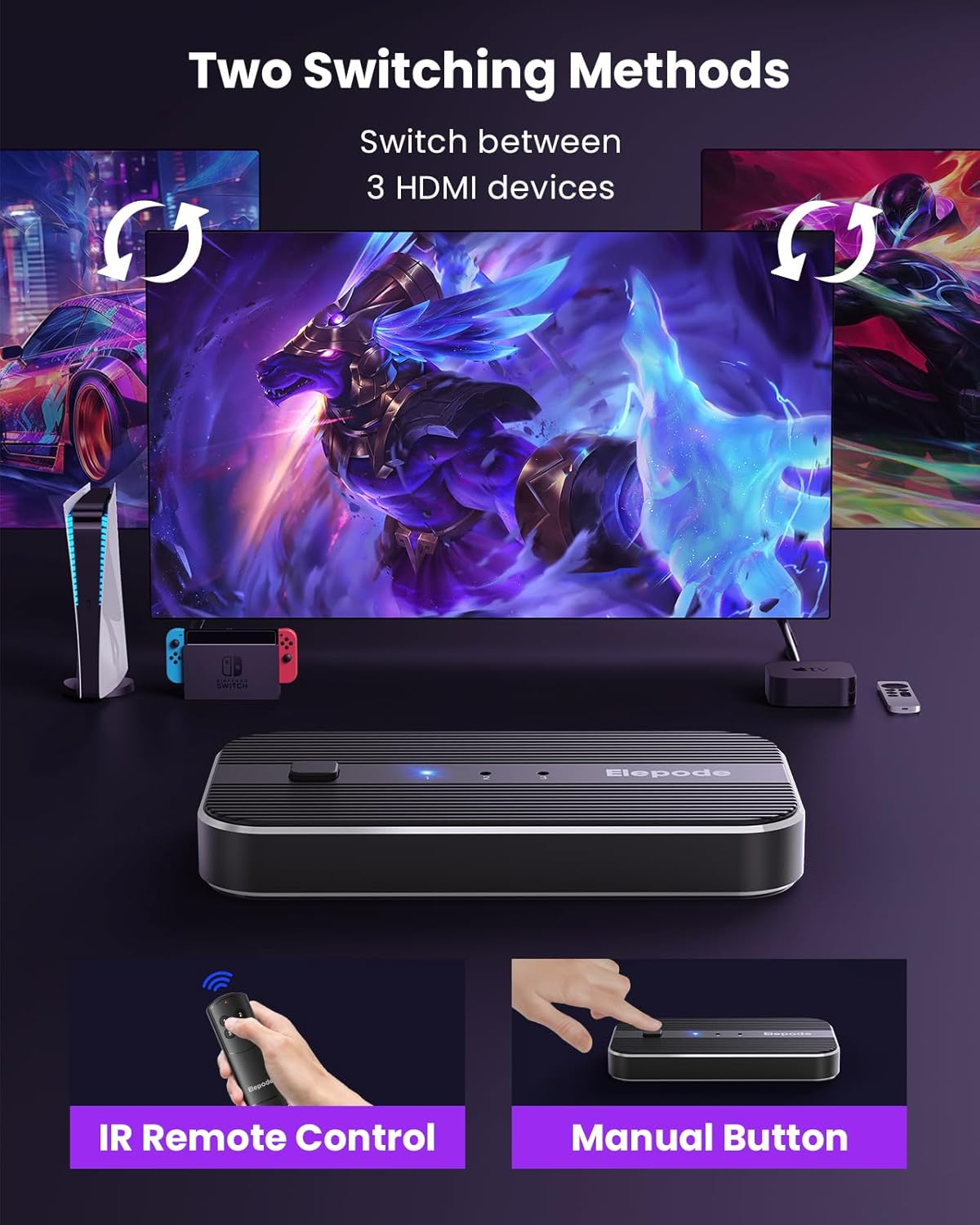 4K HDMI Splitter Switch 3 in 1 Out - 60Hz HDR for PS5, Xbox, Elepode