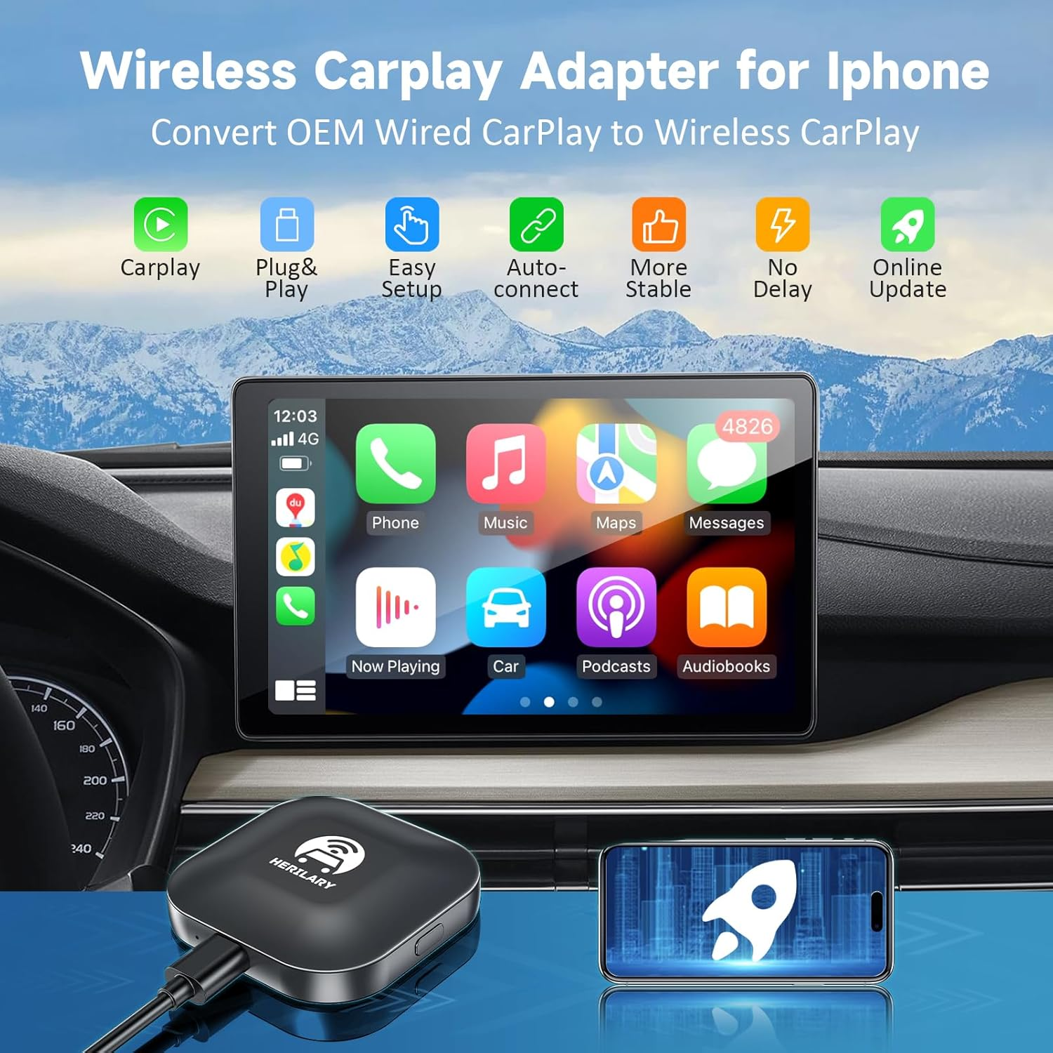 Herilay Wireless Apple CarPlay Adapter - Convert Wired to Wireless CarPlay | Plug & Play