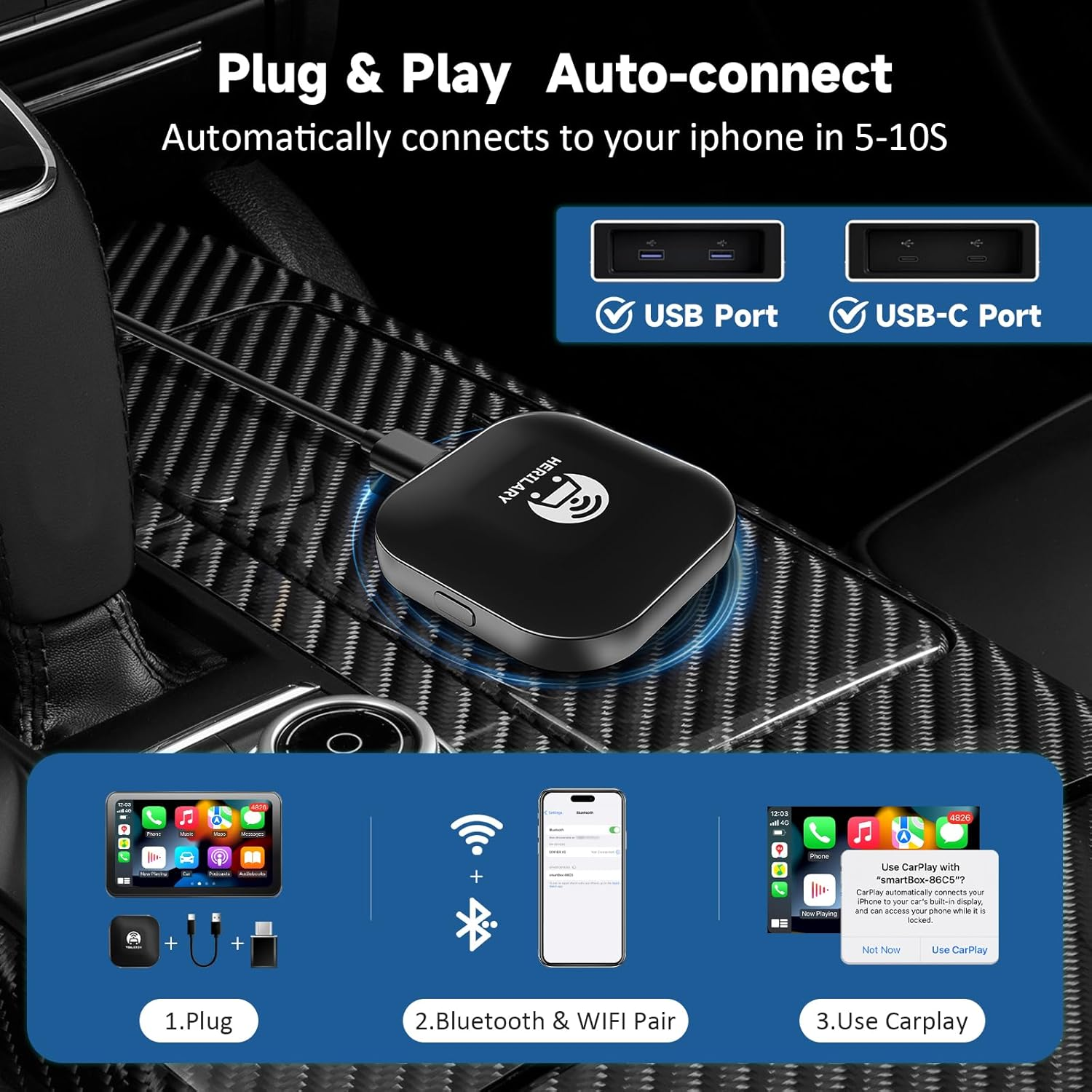Herilay Wireless Apple CarPlay Adapter - Convert Wired to Wireless CarPlay | Plug & Play