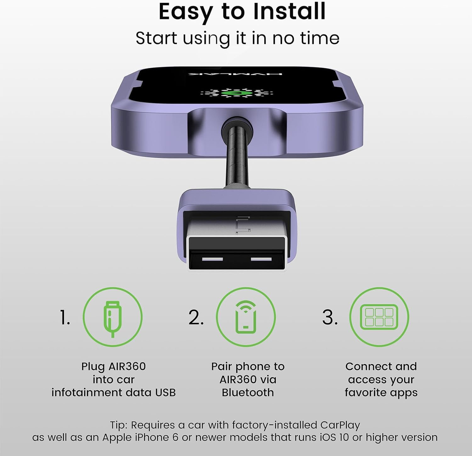 AIR360 Apple Wireless CarPlay Adapter - Bluetooth 5.4 WiFi 6.0 Metal Shell