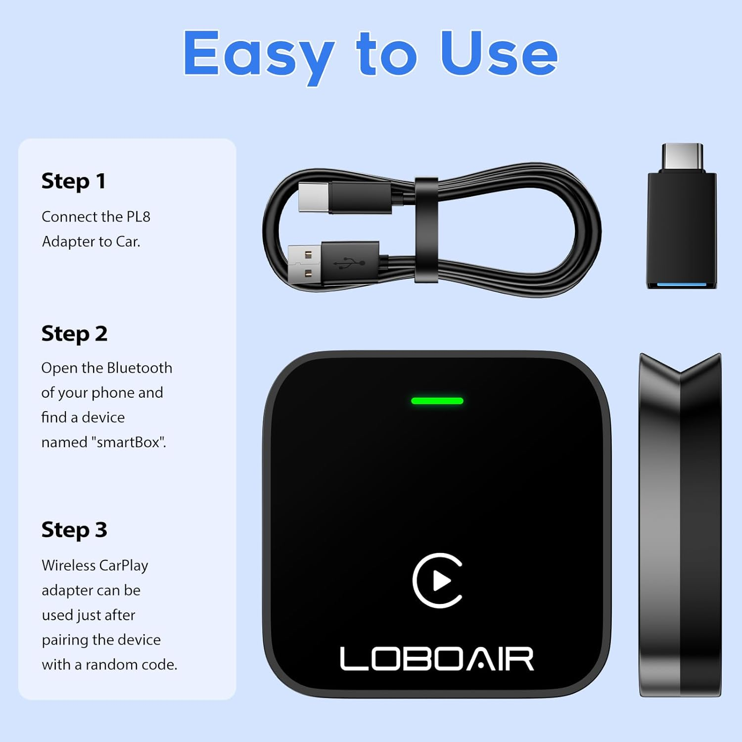 LoboAir PL8 Plus Apple Wireless Automatic CarPlay Adapter Converters Wired to Wireless