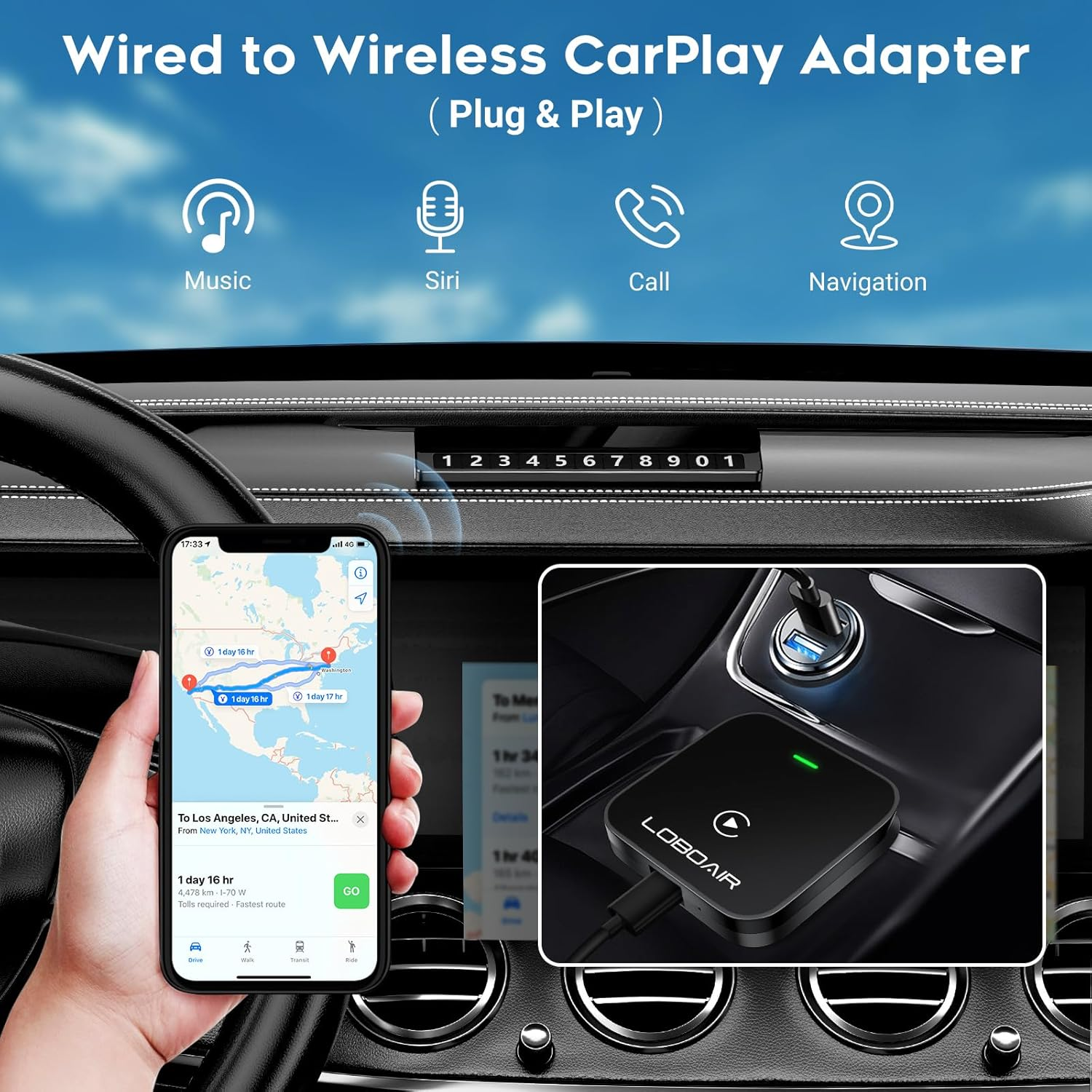 LoboAir PL8 Plus Apple Wireless Automatic CarPlay Adapter Converters Wired to Wireless
